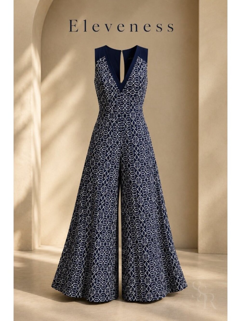ANTHROPOLOGIE Elevenses Audra Navy Blue Print Wide Leg Jumpsuit Size 8 EUC